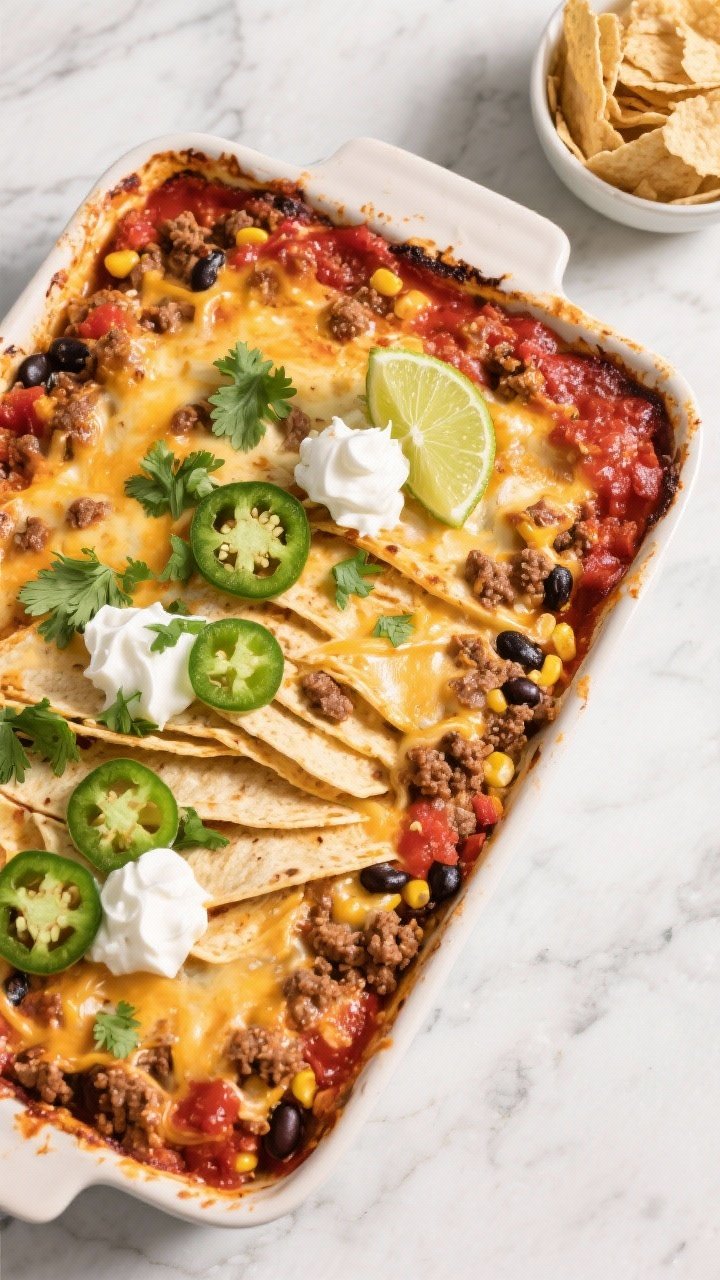 Overhead shot of a bubbling Cheesy Weeknight Taco Bake fresh from a 9x13-inch dish: visible layers of flour tortilla strips, seasoned ground beef with black beans, corn, and salsa, melted Mexican blend cheese stretching, dollops of sour cream peeking through. Garnish with chopped cilantro, sliced jalapeños, and lime wedges on the side; a small bowl of crushed tortilla chips ready to sprinkle. Warm Tex-Mex mood, bright reds, greens, and golds, lightly browned cheese, crisp crunchy topper in last minutes, no people, clean marble surface.