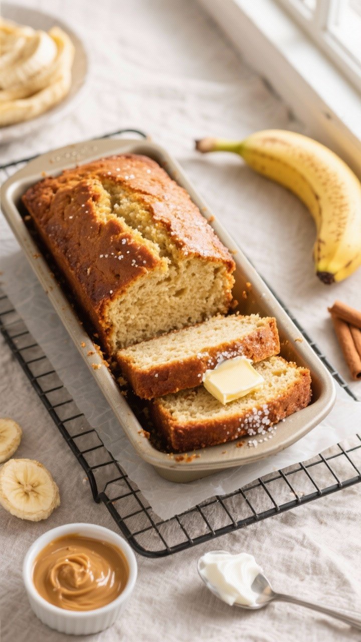 Overhead shot of a classic bakery-style banana bread just out of a 9x5-inch loaf pan, golden with lightly caramelized edges, sliced to reveal a moist, fluffy crumb. Styled on a cooling rack over parchment with a pat of salted butter melting on a warm slice, a sprinkle of coarse sugar on the loaf top for subtle sparkle, and a small dish of peanut butter nearby. Include visible ingredients around the frame: very ripe mashed bananas, a stick of melted butter in a ramekin, cinnamon, and Greek yogurt in a spoon. Warm, natural window light, neutral linen backdrop, cozy brunch mood.
