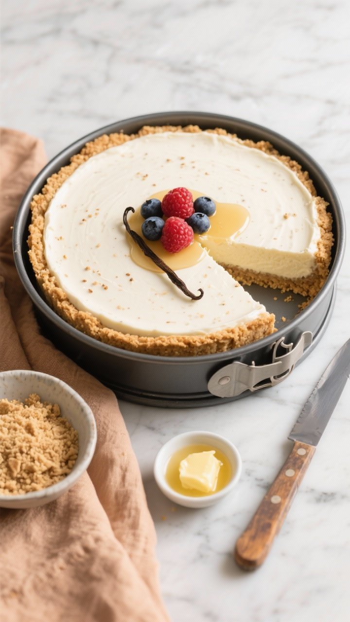 Overhead shot of a classic vanilla bean no-bake cheesecake in a 9-inch springform pan on a cool marble surface: buttery graham cracker crust with tidy edges, ultra-smooth ivory filling flecked with tiny vanilla bean seeds, glossy top lightly drizzled with honey and a minimalist cluster of fresh mixed berries (raspberries, blueberries) off-center; include a warm-toned linen, a bowl of graham crumbs, a small dish of melted butter, and a chef’s knife with a heated blade showing a clean wedge slice; soft daylight, crisp highlights, shallow shadows, ultra-clean styling, focus on creamy texture and sandy crust.
