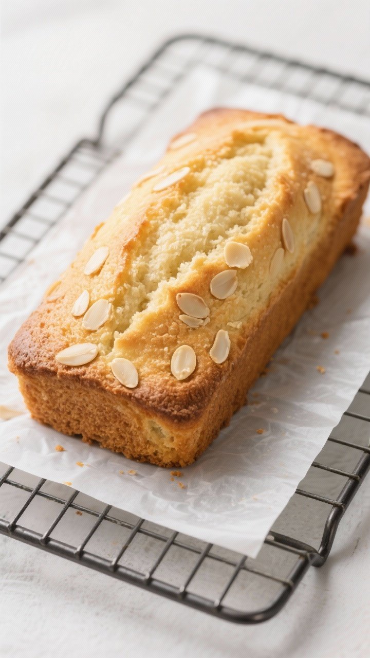 Overhead shot of a freshly baked Cloud-Light Almond Loaf on a cooling rack, golden top with a fine crumb, parchment-lined