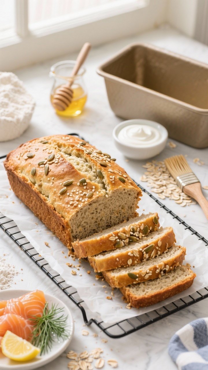 Overhead shot of a freshly baked Greek yogurt oat loaf on a cooling rack, golden crust with a shallow center score and sesame/sunflower seeds sprinkled on top, a few even slices fanned out showing tender, slightly tangy crumb; props include a small bowl of plain 2% Greek yogurt, a drizzle pot of honey, scattered oat flour and white whole wheat flour, and a brush with olive oil; served with a small plate holding smoked salmon, dill, and lemon wedges to hint at serving suggestion; warm natural window light, clean parchment-lined 9x5 loaf pan nearby, crisp, appetizing textures.