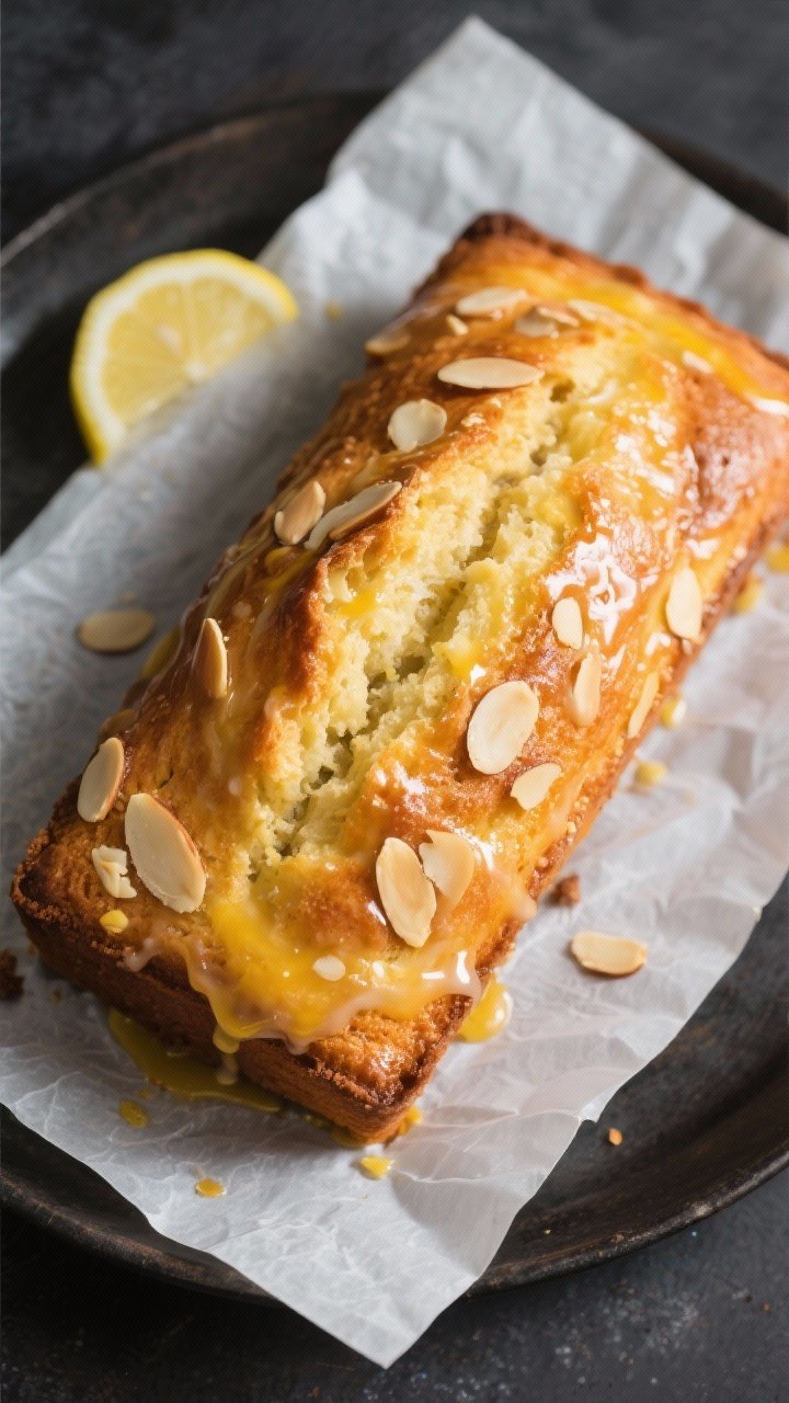 Overhead shot of a freshly glazed Sunshine Lemon-Almond Loaf on a parchment-lined