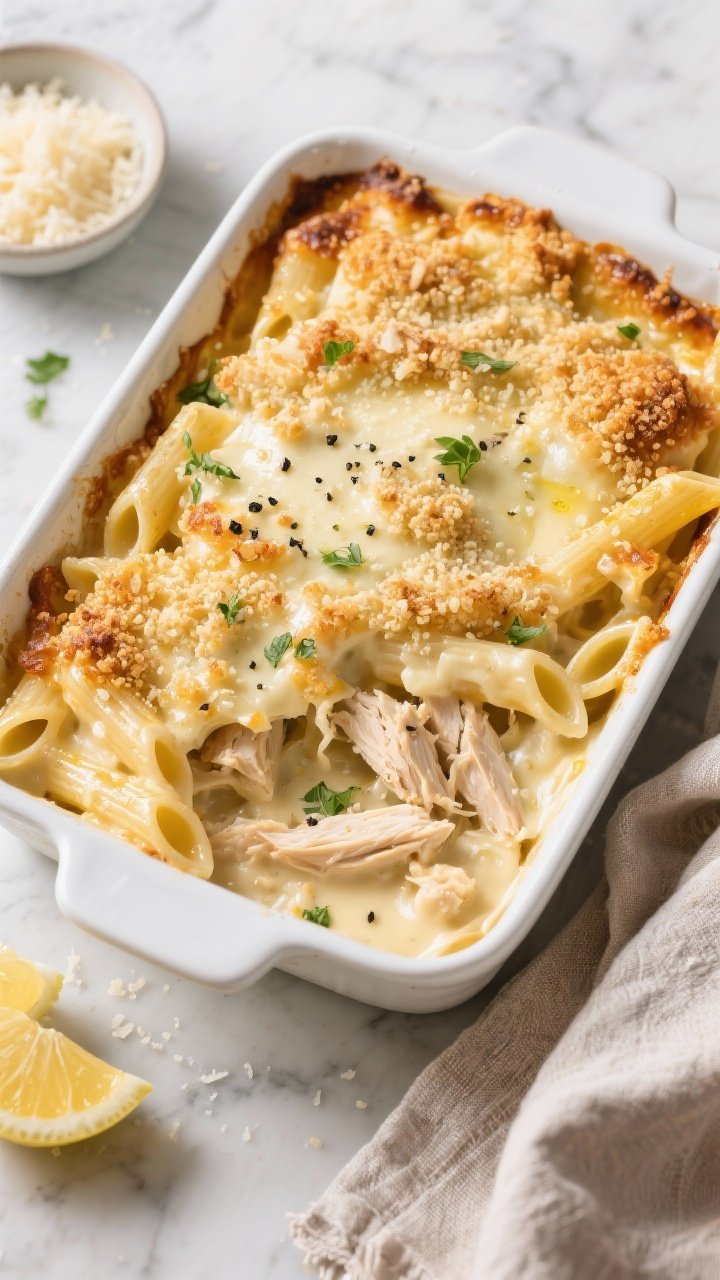 Overhead shot of a golden, bubbly Creamy Chicken Alfredo Bake in a 9x13 white ceramic casserole dish on a marble surface: al dente penne coated in silky Parmesan Alfredo sauce with shredded chicken and melted mozzarella, crowned with a deeply toasted garlicky panko breadcrumb crust glistening with olive oil; flecks of black pepper and a dusting of chopped parsley; side props include a small bowl of grated Parmesan, lemon wedges, and a linen napkin; warm, soft lighting emphasizing creamy texture and crunchy topping, Italian comfort mood.
