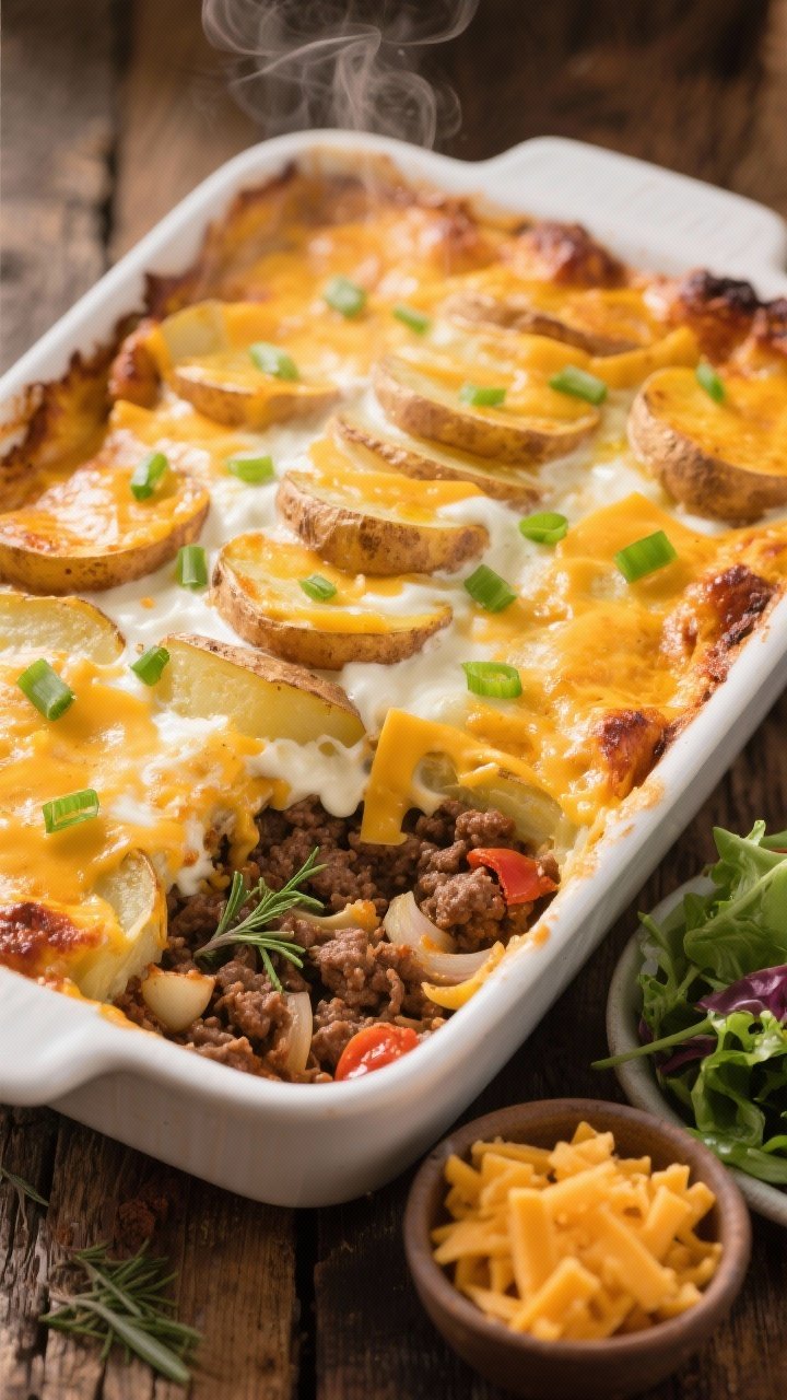 Overhead shot of a golden, bubbly Smoky Cheddar Beef & Potato Bake in a 9x13 white ceramic dish, layered thin russet potato rounds slicked with sour cream and melted butter, a rich ground beef filling with onion, garlic, smoked paprika, thyme, tomato paste, and Worcestershire peeking through, crowned with molten sharp cheddar and freshly scattered green onion slices; subtle steam rising, crispy cheese edges, set on a rustic wooden table with a small bowl of extra cheddar and a side green salad off to the side; warm, cozy lighting emphasizing the creamy, smoky textures.
