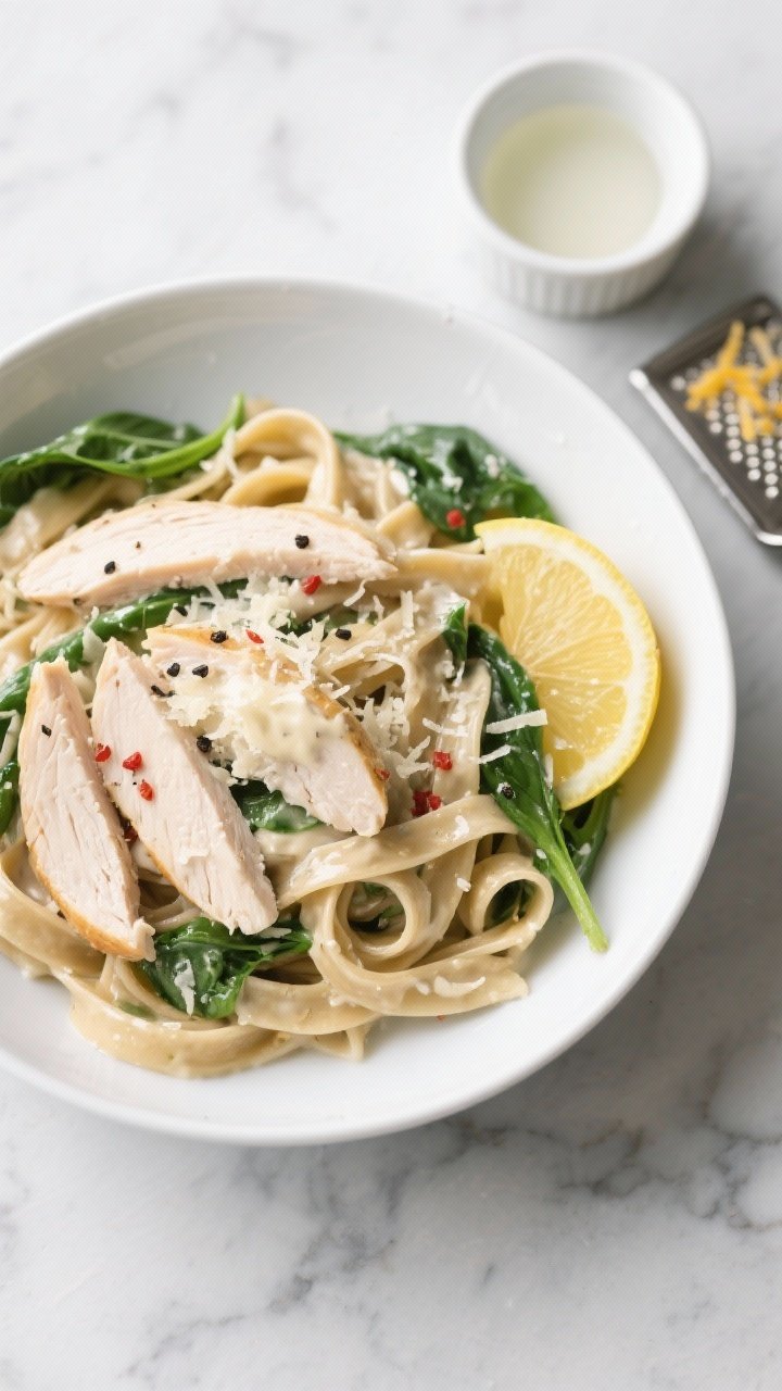 Overhead shot of a lightened Creamy Chicken Alfredo power bowl: whole-wheat fettuccine coated in glossy Greek-yogurt-Parmesan sauce, tossed with sliced cooked chicken breast and wilted baby spinach, flecks of black pepper and red pepper flakes, lemon wedge on the side and extra grated Parmesan sprinkled over. Style on a matte white shallow bowl over a cool gray marble surface; a small ramekin of reserved pasta water and a microplane with lemon zest nearby to hint at the process. Bright, clean lighting to emphasize the silky sauce without heaviness; no people.