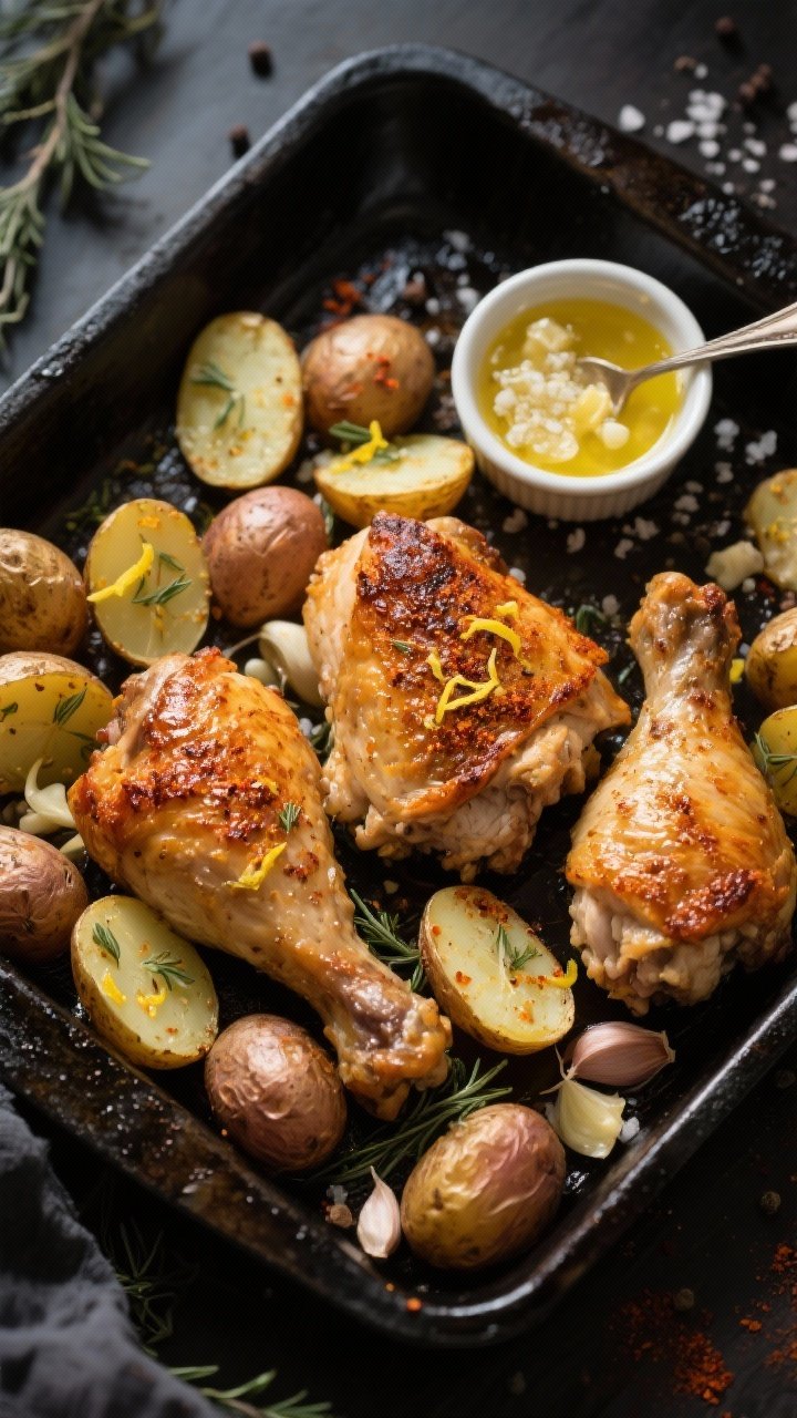 Overhead shot of a one-pan roast: crispy, golden bone-in chicken thighs nestled among halved baby potatoes on a dark sheet pan, lemon zest speckled on potatoes, visible minced garlic and oregano-paprika rub on the crackly skin, a small ramekin of lemon juice-garlic mixture ready to spoon over, coarse salt and black pepper scattered, moody natural light emphasizing crisp textures.