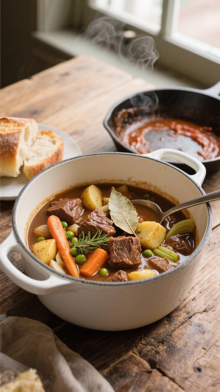 Overhead shot of a rustic, classic beef stew served in a wide white enamel Dutch oven on a wooden table: melt-in-your-mouth beef chuck cubes, Yukon gold potatoes, carrots, celery, onions, and peas in a rich brown broth with visible bay leaf and thyme flecks; a skillet with browned fond and tomato paste smear off to the side, a ladle resting in the pot, crusty buttered baguette slices nearby; steam rising, natural window light, warm cozy mood, shallow depth of field highlighting glossy stew surface.