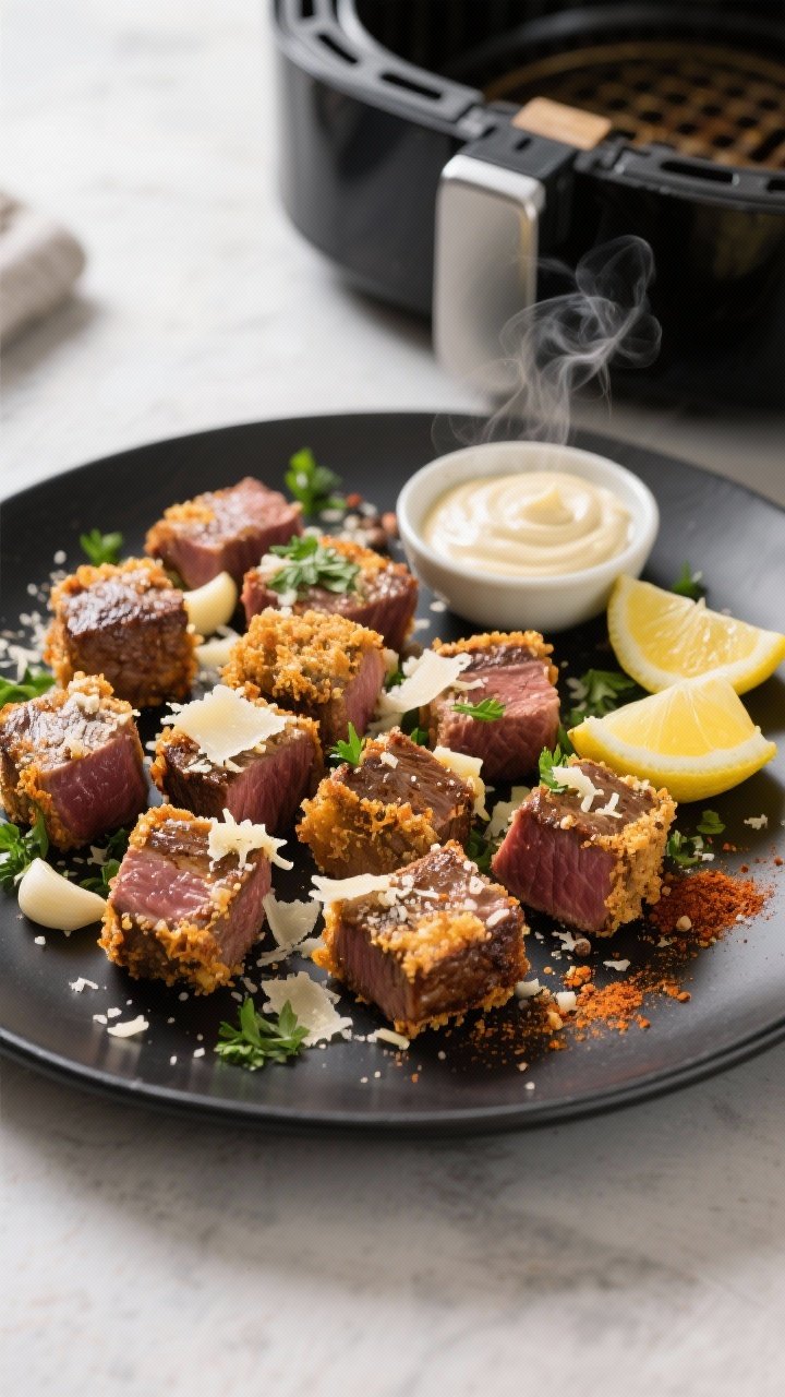Overhead shot of crispy garlic-parmesan beef bites just out of the air fryer: golden-browned 1-inch sirloin cubes with crackly edges tossed in finely grated Parmesan and sprinkled with chopped parsley, served on a matte black platter with lemon wedges and a small bowl of garlicky aioli. Visible seasoning specks of garlic powder, smoked paprika, onion powder, salt, and pepper on the beef; a preheated air fryer basket in the background. Bright, punchy lighting to emphasize texture and the savory cheese crust; steam gently rising.