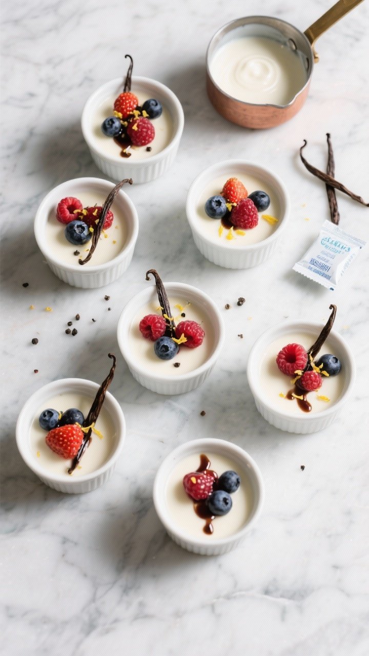 Overhead shot of silk-soft vanilla bean panna cotta set in six small white ramekins on a cool marble surface, each topped with a glossy mixed-berry drizzle of macerated strawberries, blueberries, and raspberries with tiny lemon zest flecks and a whisper of cracked black pepper; visible vanilla bean specks in the quivery, ultra-smooth panna cotta; a small saucepan with strained cream and an emptied vanilla pod and a gelatin packet off to the side; cool, elegant lighting, minimal styling, refined and airy mood.