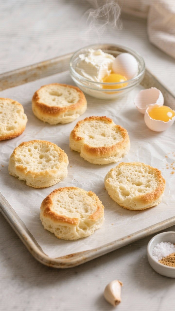 Overhead shot: six golden-edged cloud bread rounds cooling on a parchment-lined baking sheet, airy and pillowy with delicate bubbles; a small bowl of softened cream cheese, three separated eggs (whites in a clean glass bowl with cream of tartar, yolks beside), a pinch bowl of kosher salt and another of garlic powder nearby; soft morning light, minimal props, crisp textures and slightly toasted edges emphasized, steam faintly visible.