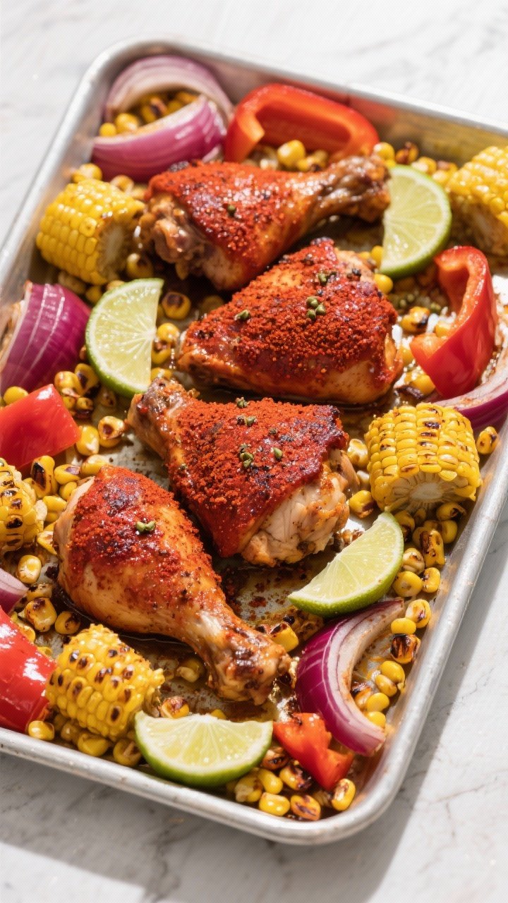 Overhead tray-bake of smoky paprika roast: bone-in chicken thighs coated in a deep red-brown smoked paprika and cumin rub, surrounded by roasted corn kernels, sliced yellow and red peppers, and red onion wedges, caramelized edges and light char, finished with lime wedges for squeezing; vibrant, BBQ-inspired color palette under bright natural light.