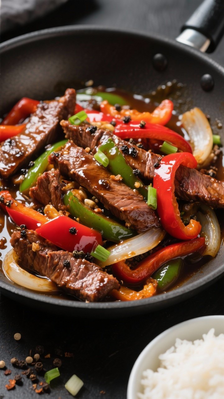 Straight-on action shot of black pepper steak tips with peppers, takeout-style: seared strips of flank/sirloin with browned edges tossed in a glossy black-pepper sauce (soy, oyster sauce, brown sugar, garlic powder, beef broth, cornstarch), intertwined with tender-crisp red and green bell pepper slices and translucent onions. Serve in a shallow wok-like skillet with a bowl of white rice to the side; freshly cracked black pepper visible on the beef. High-contrast lighting to pop the reds/greens and emphasize the sauce’s sheen; a scattering of sliced scallions for garnish.