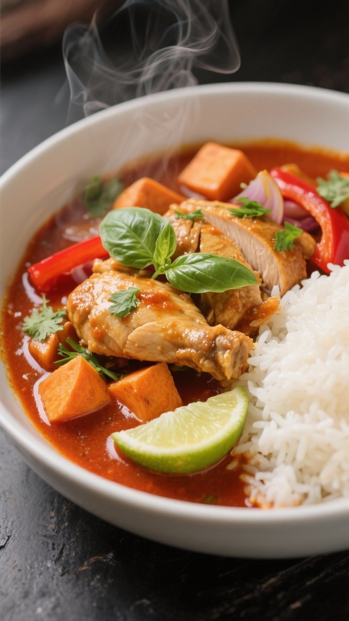 Straight-on bowl presentation of coconut curry: creamy red curry coconut sauce pooling around sliced chicken thighs, tender sweet potato cubes, red bell pepper strips, and onions, finished with fresh basil/cilantro and a squeeze of lime, served with a side of jasmine rice; warm, aromatic steam visible, rich turmeric-red hues contrasting with bright green herbs.