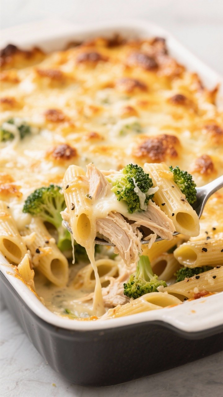 Straight-on casserole comfort shot: bubbly, golden-topped chicken Alfredo bake with broccoli, mozzarella stretch and browned spots on top, creamy Parmesan sauce visible between penne/rigatoni tubes, flecks of black pepper and a whisper of nutmeg, a serving spoon pulling out a portion to reveal shredded chicken and green broccoli florets, cozy warm tones.