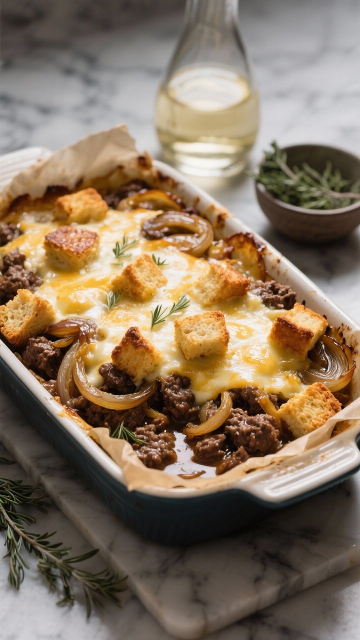 Straight-on close-up of a French Onion Beef Bake with a blanket of bubbling Gruyère stretching over crisped croutons, deeply caramelized onions laced through savory ground beef beneath; visible thyme leaves and glossy, broth-enriched sheen from white wine and Worcestershire; served in a parchment-lined, enameled baking dish on a marble surface, with a small bowl of extra thyme and a carafe of white wine in the background; moody, elegant lighting to capture the molten cheese and golden crouton texture.