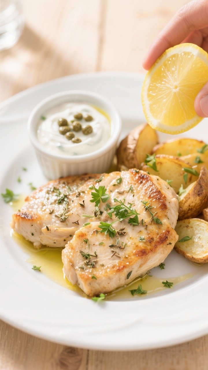 Straight-on close-up of lemon-herb chicken cutlets: juicy, lightly browned cutlets with crisp edges, speckled with dried oregano and thyme, glistening with olive oil; a wedge of lemon being squeezed nearby (no hands shown), extra zest scattered on the plate, fresh parsley sprinkle on top; served with roasted potatoes and a small ramekin of tangy yogurt-caper sauce in the background; bright, sunny vibe with natural daylight, clean white plate on a light wood surface to evoke a “weekend” mood.