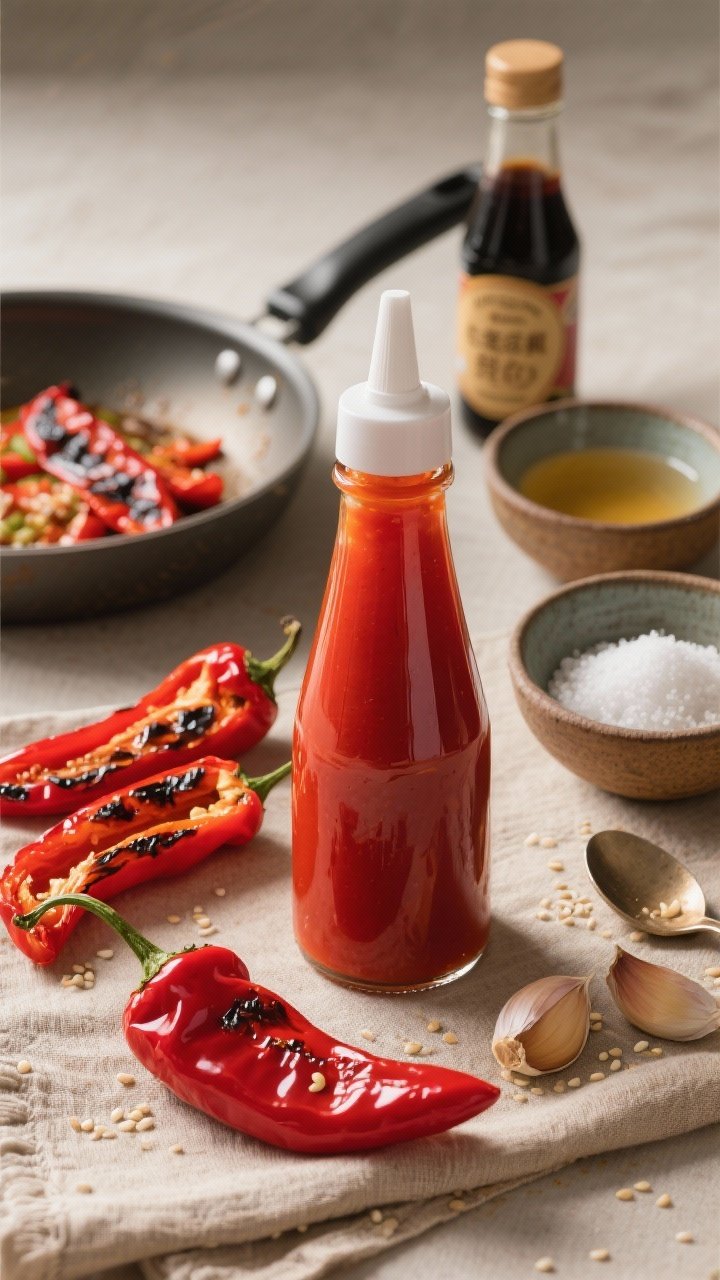 Straight-on final presentation of Roasted Red Pepper Sriracha-Style sauce with silky heat: a narrow-neck squeeze bottle filled with glossy scarlet sauce, light catching its smooth body; behind it, charred and peeled red bell pepper strips, red Fresnos/jalapeños with blistered skins, squeezed roasted garlic cloves, a small dish of rice vinegar, a spoon of fish sauce (and a soy sauce bottle for vegan note), sugar and kosher salt in pinch bowls, and a shallow pan hinting at the brief simmer; modern Asian-inspired styling, sesame-colored linen, soft side light for appetizing sheen.