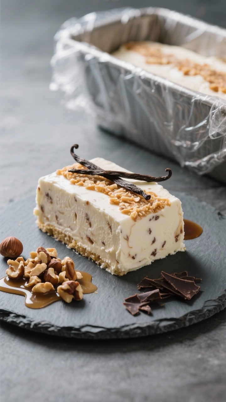 Straight-on frozen loaf slice of no-churn vanilla bean semifreddo on a chilled slate, marbled with a crackly honeyed hazelnut ribbon; visible vanilla bean specks throughout, clean slices with slightly soft edges; a small pile of chopped toasted hazelnuts glazed in honey and a drizzle of espresso on the plate, plus a few dark chocolate shavings; background shows a lined loaf pan with plastic wrap; cool, refined lighting to emphasize silky texture and contrast with the crunchy layer.