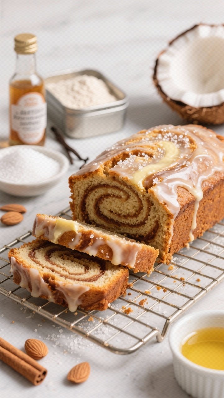 Straight-on hero shot: a cinnamon-swirl keto breakfast loaf on a cooling rack, one thick slice forward to reveal dramatic buttery cinnamon ribbon; a light glaze dripping over the top, crystalline sweetener sparkle; props include almond flour and coconut flour tins, a bottle of vanilla extract, a small dish of granular erythritol/allulose, and melted coconut oil in a ramekin; golden morning coffee-cake vibe, tight crumb and tender interior emphasized, clean, appetizing shine.