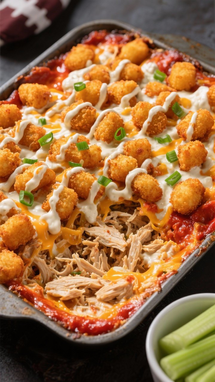 Straight-on hero shot of a Buffalo Ranch Chicken Tater Tot Casserole fresh from the oven: an even, ultra-crispy blanket of golden tater tots on top of a bubbling layer of shredded chicken mixed with Buffalo hot sauce, ranch, sour cream, cheddar, and mozzarella; finished with a zig-zag ranch drizzle and sliced green onions; a small bowl of celery sticks to the side; bold, game-day energy, vivid orange-red sauce peeking at the edges, high-contrast lighting to emphasize crunch.