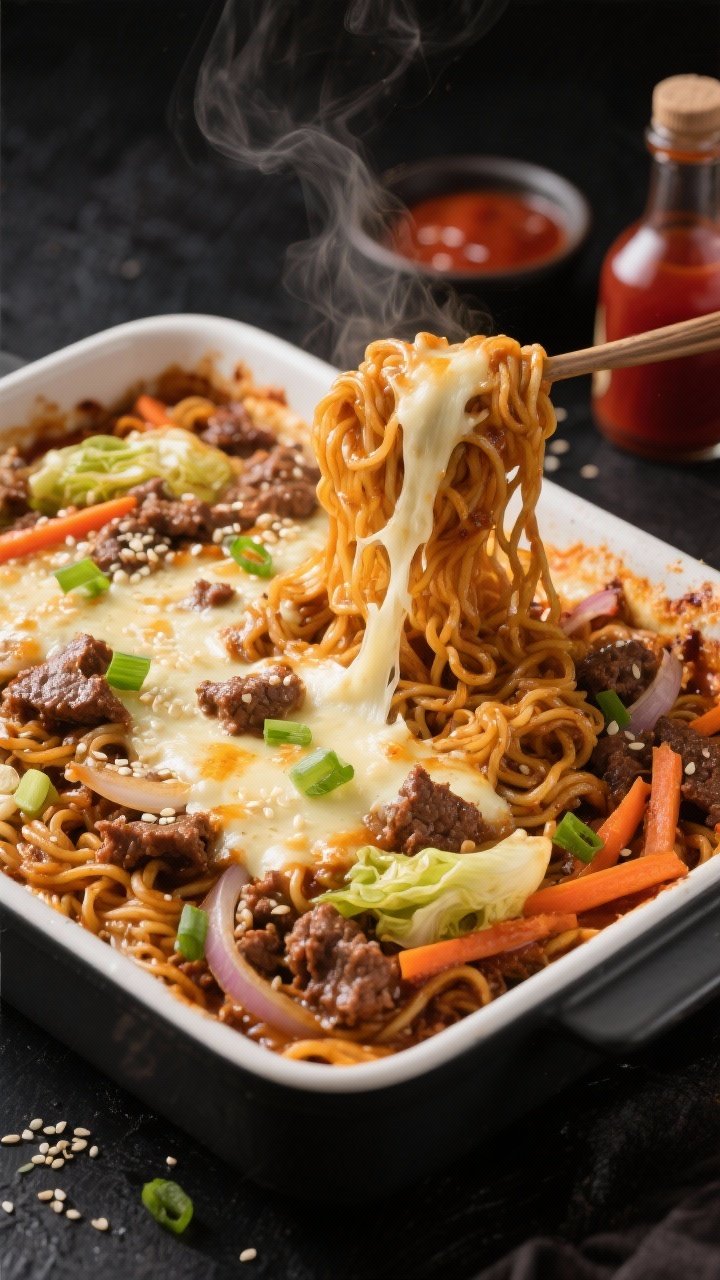 Straight-on hero shot of a Korean-inspired Bulgogi Beef Noodle Casserole just out of the oven, mozzarella stretching in dramatic pulls over glossy ramen noodles tossed with sweet-savory soy, brown sugar, rice vinegar, and gochujang sauce; visible bits of ground beef, thin onion slices, shredded carrots, and wilted Napa cabbage, garnished with sliced green onions and sesame seeds; presented in an 8x11 baking dish on a matte black surface with a small dish of gochujang and sesame oil bottle nearby; vibrant, umami-rich sheen and gentle steam.