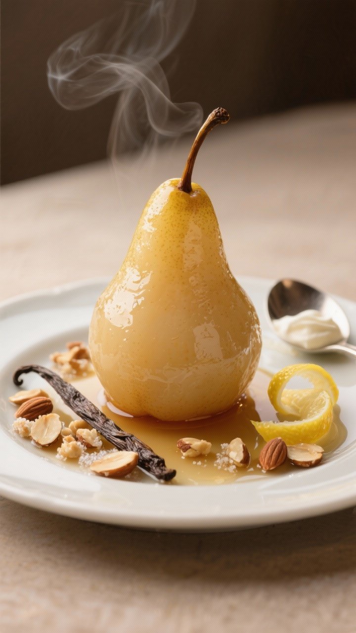 Straight-on hero shot of vanilla poached pears presented whole with stems, glossy and tender, standing in a shallow pool of reduced vanilla-lemon syrup; scattered almond crunch clusters (butter-toasted sliced almonds glazed with sugar) around the pears; visible vanilla bean pod and a curl of lemon peel on the plate; optional side spoon of crème fraîche; warm neutral backdrop with gentle steam hint, old-school chic, satin-like sheen emphasized.