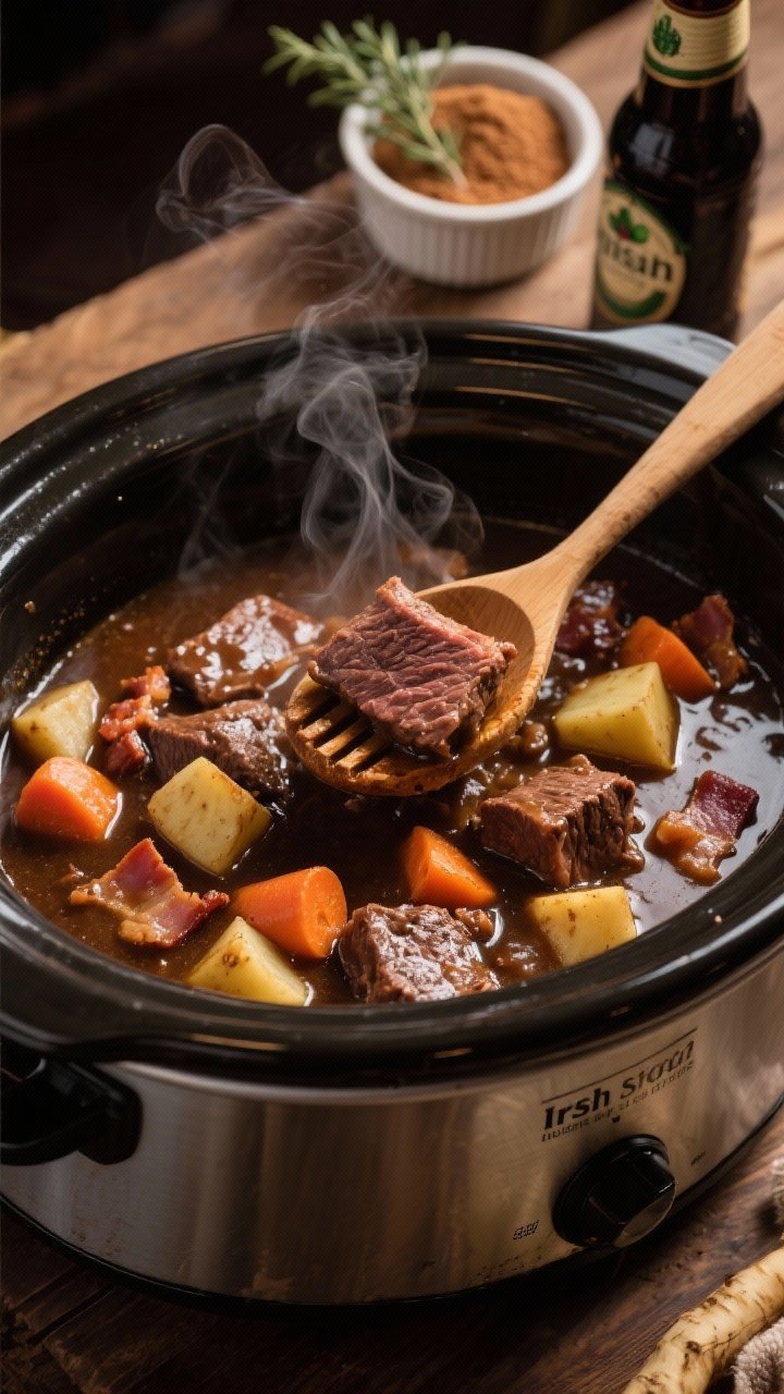 Straight-on, in-pot cooking process shot of Irish stout stew: beef and root veg simmering in a slow cooker, glossy dark stout gravy with visible bacon pieces, chunky carrots, parsnips, and rutabaga cubes; steam curling up, a wooden spoon lifting a piece of fork-tender beef; bottle of Irish stout and a ramekin of brown sugar and thyme nearby; cozy pub vibe with warm tungsten light, subtle reflections on the rich sauce.