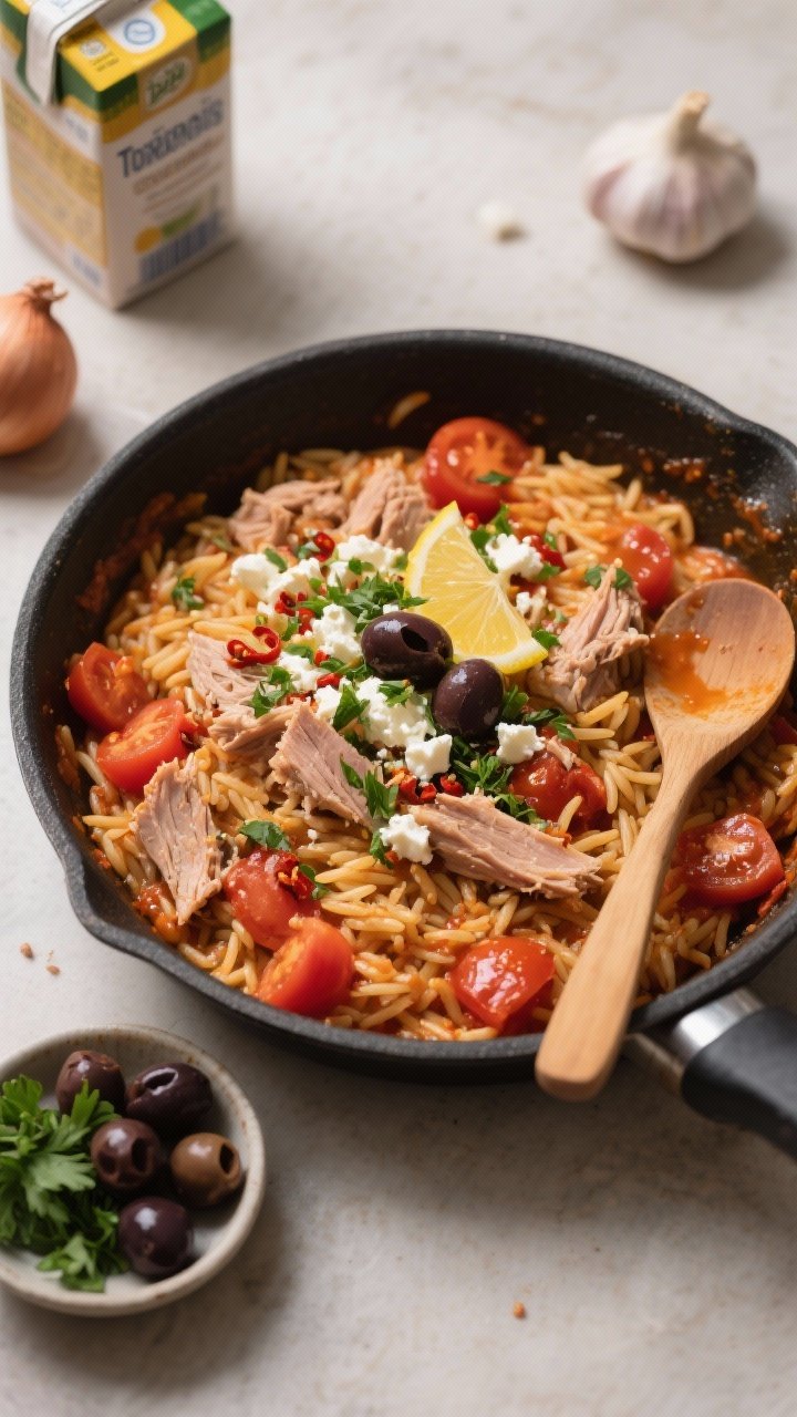 Straight-on one-pot scene of Tuna Tomato Orzo: a deep skillet filled with saucy orzo simmered with diced tomatoes, oregano, and chili flakes, gently folded with flaky canned tuna. On top, a vivid olive-parsley-lemon zest sprinkle and a light crumble of feta (optional). Include visible chopped Kalamata olives and parsley in a small side bowl; a wooden spoon resting on the pan edge with tomato-stained sheen. Soft, directional light for a cozy, weeknight, zero-fuss mood; background elements: onion, garlic, and a carton of broth to nod to pantry-friendly origins.
