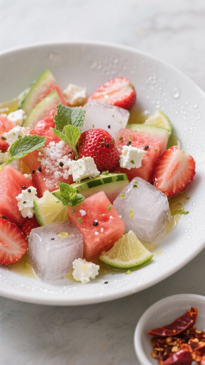 Straight-on, plated presentation of a frosty-cold watermelon feta “icebox” salad in a wide, shallow white bowl: large, chilled cubes of seedless watermelon and quartered strawberries lightly glossed with a lime zest–lime juice–honey–olive oil dressing; snowy crumbles of feta and thin ribbons of fresh mint scattered over; a final drizzle of dressing catching the light. Pinch of flaky sea salt and cracked black pepper visible on fruit surfaces; served immediately with condensation beading on the bowl, optional chili flakes in a small pinch bowl off to the side.