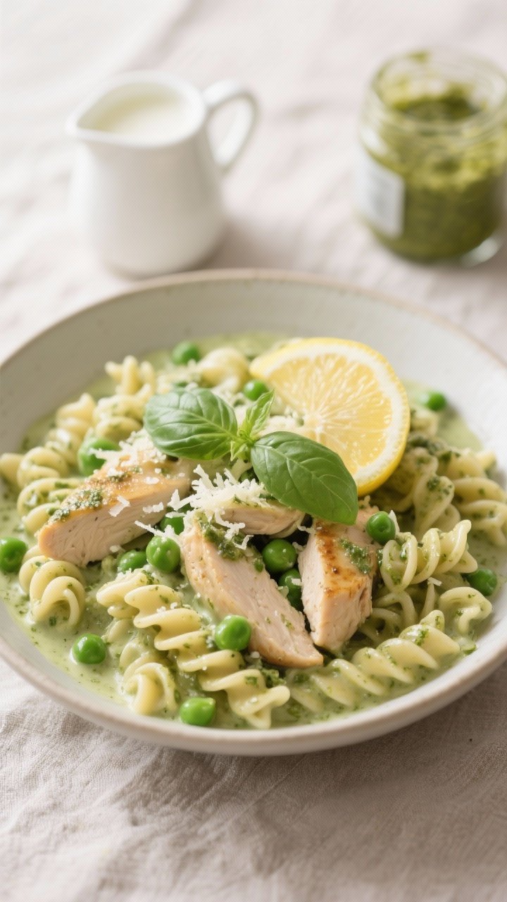 Straight-on plated presentation of creamy pesto chicken rotini in a wide bowl; curls of rotini coated in pale green basil pesto cream, seared chicken thigh pieces nestled throughout, pops of sweet green peas, grated Parmesan and fresh basil leaves on top; a squeeze of lemon glistening on the surface; clean, dinner-party styling on a neutral linen with a small pitcher of milk/half-and-half and a jar of pesto blurred in the background.