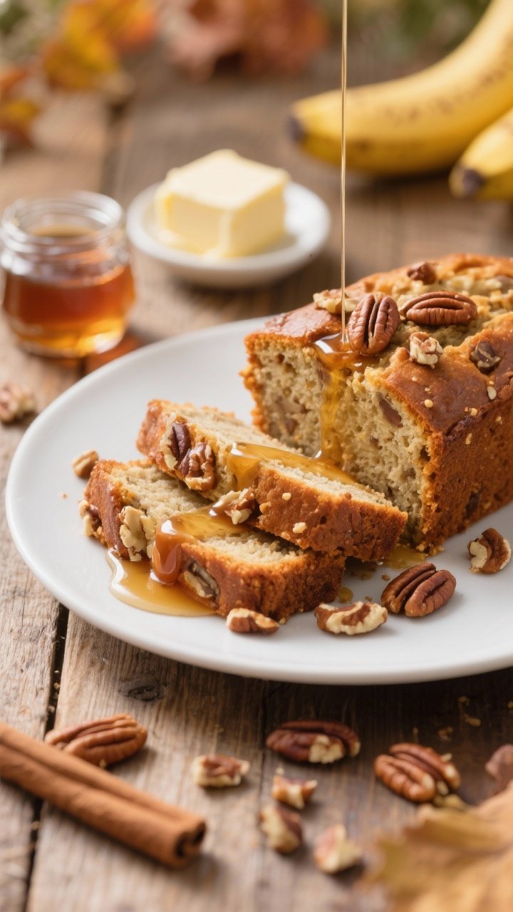 Straight-on plated presentation of maple pecan banana bread with a buttery crunch: thick slices leaning against the loaf, pecans visibly embedded and extra toasted pecans sprinkled on top. A slow drizzle of pure maple syrup pooling on a white plate, with a small jar of maple syrup and a pat of softened butter in the background. Warm autumnal tones, wooden table, soft morning light; include a hint of cinnamon and a few chopped pecans scattered for texture.