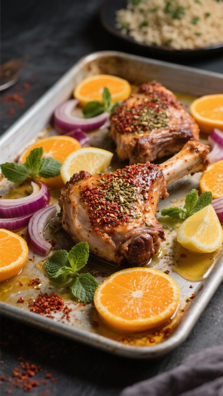Straight-on sheet-pan scene of “Za’atar Citrus Sheet-Pan With Sumac Sparkle”: bone-in thighs rubbed with a za’atar, cumin, sumac, and olive oil paste, skin-side up and crisped, nestled among orange rounds and red onion wedges. Finish with a visible sprinkle of extra sumac and chopped mint, lemon wedges ready to squeeze. Earthy, Middle Eastern vibe; moody light with highlights on glossy skin and citrus; show pan juices pooling at the bottom to suggest “liquid gold.” Serve ideas like couscous or herbed rice subtly blurred in the background.