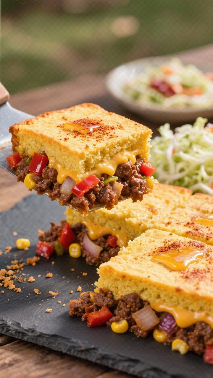 Straight-on shot of BBQ Beef & Cornbread Casserole just cut to reveal layers: sweet-tangy BBQ ground beef with diced red bell pepper, onion, and corn on the bottom; golden cornbread topping risen and set, cheddar pockets melted inside. Top brushed with melted butter and dusted with a pinch of chili powder. A square piece lifted with a spatula, crumbs on a slate board, side dish of crisp slaw in background for contrast. Warm picnic-inspired colors, glossy BBQ sheen, no people.