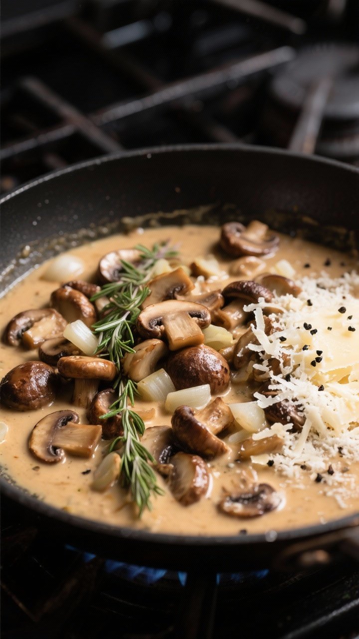 Straight-on skillet scene of creamy mushroom Marsala sauce mid-simmer: a mix of browned cremini, shiitake, and oyster mushrooms with visible thyme leaves, finely chopped shallots, and minced garlic; Marsala reduction clinging to the mushrooms, enriched with stock and heavy cream into a velvety, thick coating; finished with grated Parmesan snowfall on one side and cracked black pepper; moody restaurant-style lighting over a dark stovetop.