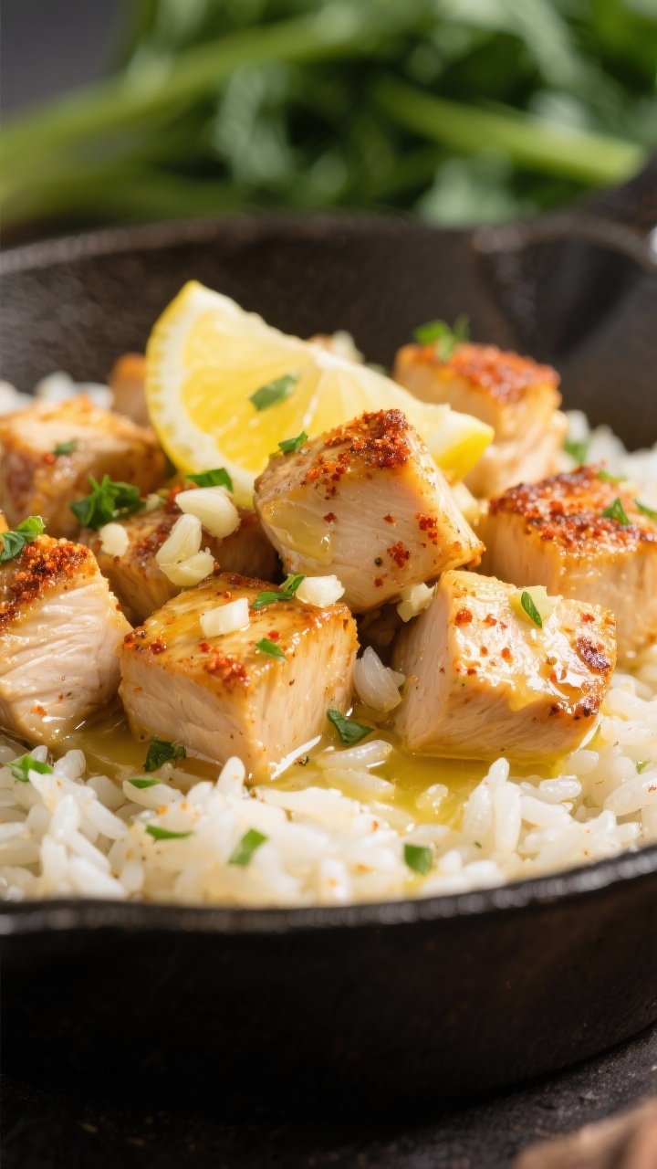 Tight macro of skillet garlic butter chicken bites: golden 1-inch seared cubes glistening in melted butter with visible minced garlic bits, paprika and onion powder crust, flecks of chopped parsley and a squeeze of lemon beading on the surface, served over a mound of fluffy herby rice in a shallow bowl, bokeh background of steamed greens.