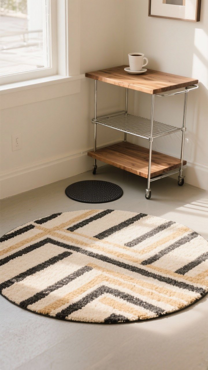 5-foot diameter) placed at a coffee corner with a butcher block cart and a slim metal baker’s rack; the rug features a clean geometric pattern—thin black stripes on warm cream—reading modern and intentional; a grippy round pad slightly visible beneath; soft morning light, gentle shadows, photorealistic; scales perfectly as a punctuation mark in the vignette.