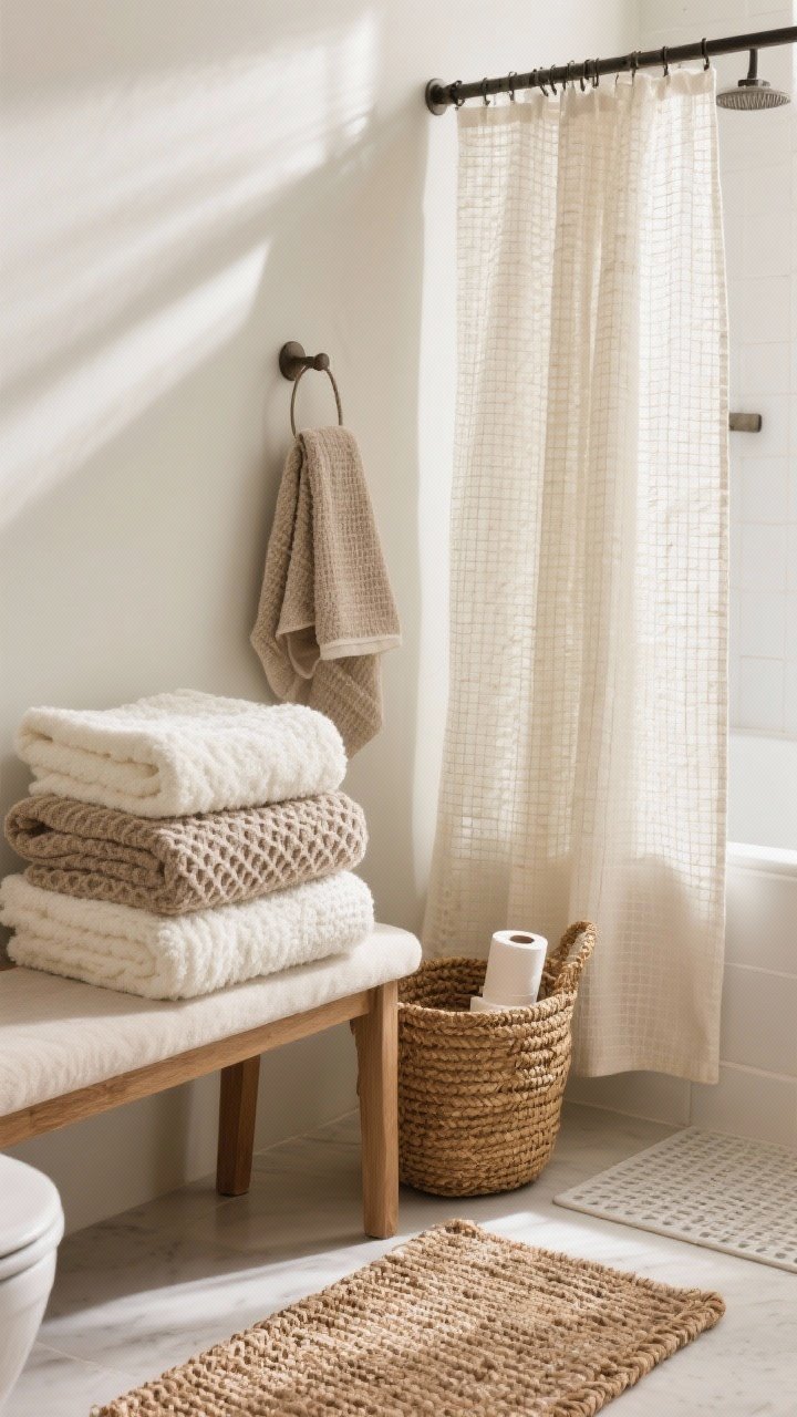 A closeup detail shot showcasing layered soft textures: plush and waffle-knit towels in creamy white and warm greige stacked on a bench, a cotton shower curtain with a subtle weave, a small woven rug layered over a waterproof mat edge, a linen hand towel draped on a hook, and a seagrass basket holding toilet rolls; warm, diffused light rakes across the fabrics to highlight texture and coziness within a crisp, neutral bathroom.