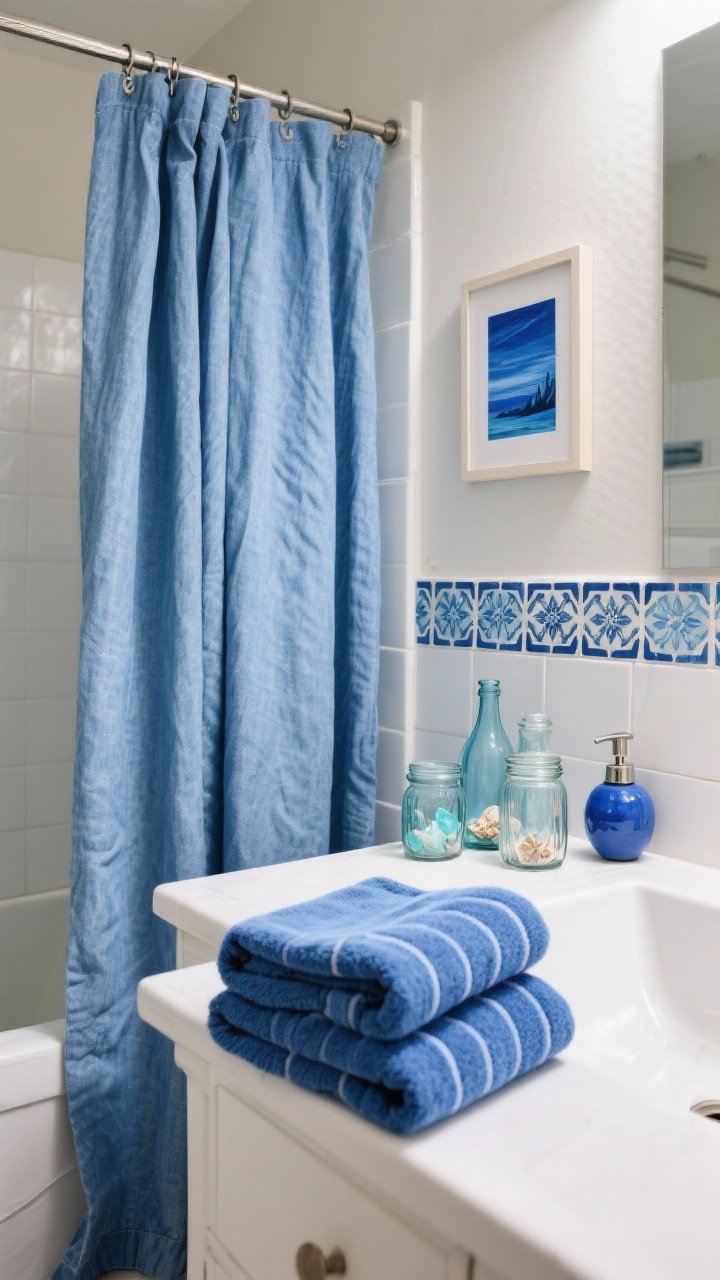 A detail closeup of blue accents against a neutral bathroom: blue-striped towels neatly folded, a chambray shower curtain softly pleated, peel-and-stick Mediterranean-style tile stickers forming a backsplash strip near the vanity, and a small grouping of sea-glass bottles and recycled glass jars casting a watery glow. Add a petite indigo art print and a blue ceramic soap dispenser. Soft, indirect daylight highlights the layered blues.