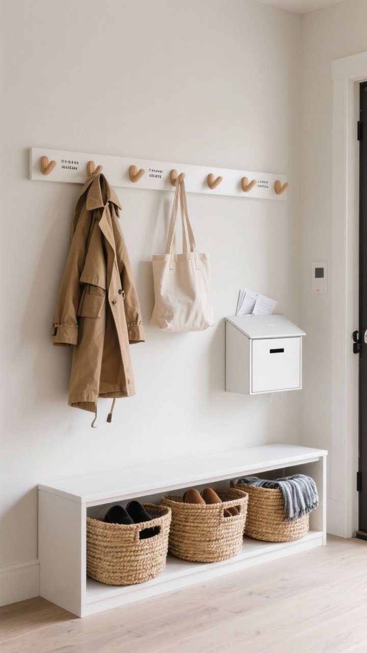A detail-rich, straight-on medium shot of a calm entry storage wall featuring a shallow, wall-hugging slim shoe cabinet in white, a tidy row of minimalist wood peg hooks above holding one coat and a tote, and three labeled woven seagrass baskets for shoes, scarves, and mail; a lidded mailbox-style box keeps paper clutter hidden; the scene is uncluttered, practical, and blends into a soft neutral palette