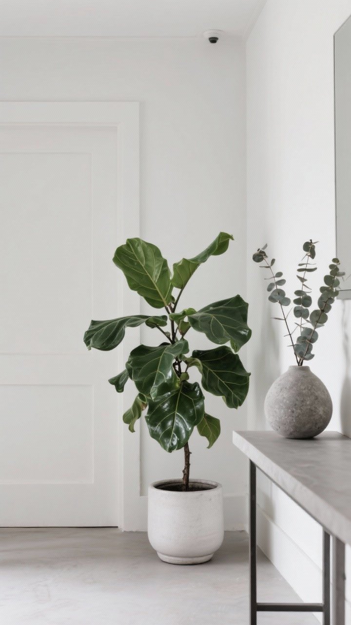 A detail shot of a small green moment in a Scandinavian entry: a sculptural rubber plant in a matte white ceramic pot on the floor by a console, with a few eucalyptus stems arranged in a matte stone vase on a nearby surface; minimal, airy negative space, no jungle feel, soft natural light highlighting the plant forms and matte textures