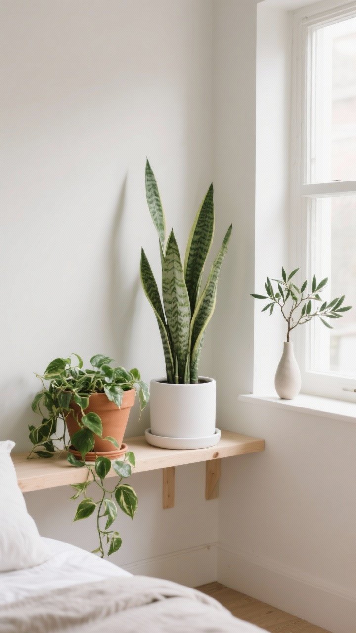 A detail shot of low-maintenance Scandinavian greenery by a bedroom window: a matte white planter with a tall snake plant, a trailing pothos in a simple terracotta pot cascading from a pale wood shelf, and a small faux olive tree branch in a minimalist vase; edited selection—just one larger plant and one small—against neutral walls and light wood; bright indirect daylight highlighting leaf texture; partial corner angle to include planter materials.