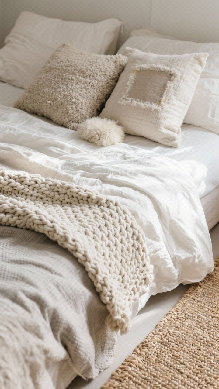 A detailed closeup of layered bed textures in a Scandinavian palette: linen and cotton sheets overlapped to reveal different weaves, a chunky knit throw casually draped with visible loops, and two nubby pillows in bouclé and slub cotton alongside a small patch of faux sheepskin; edge of a small jute flat-weave rug peeking into frame; neutral tones (warm whites, oat, soft gray); soft morning light rakes across the fabrics to highlight tactile dimension; overhead angle for texture emphasis.
