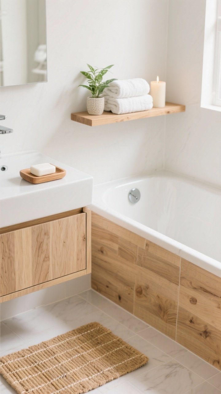 A medium corner angle of a bright Scandi bathroom vignette highlighting wood accents: a bamboo bath mat beside a tub, an oak soap dish with a bar of white soap, and a simple pine open shelf above the toilet holding neatly rolled white towels, a small green plant, and a candle; include a cabinet drawer front upgraded with wood-look peel-and-stick film; light, neutral backdrop with sealed wood surfaces and warm, natural daylight for a spa-like warmth.