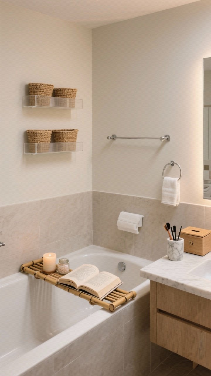 A medium corner shot creating a spa nook with zones: a bamboo bath caddy across a tub holding a candle, an open book, and a small jar of bath salts; a vanity station with a lidded box for makeup and a small marble cup for brushes; floating wall shelves with baskets over the toilet; and wall hooks replacing a towel bar. Clear counters, neutral tones, and balanced organization deliver calm, with soft ambient lighting.