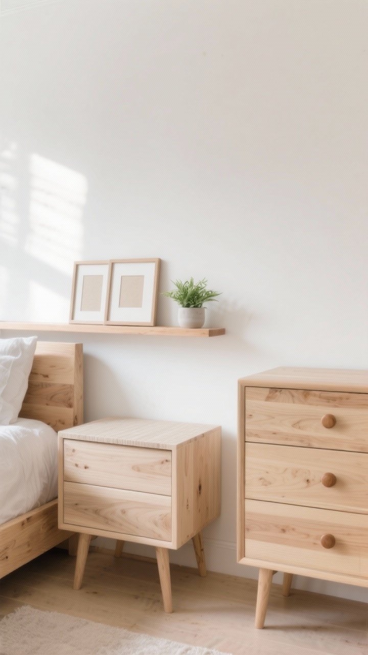 A medium shot focusing on natural wood touches against a light, airy bedroom backdrop: pale birch nightstands with a matte finish, a slim ash picture ledge holding two neutral frames and a small green plant, and a simple dresser updated with round wooden knobs; one nightstand top finished in convincing faux-wood peel-and-stick; light oak and ash tones dominate; bright but soft daylight; three-quarter corner angle to show multiple wood elements without clutter.