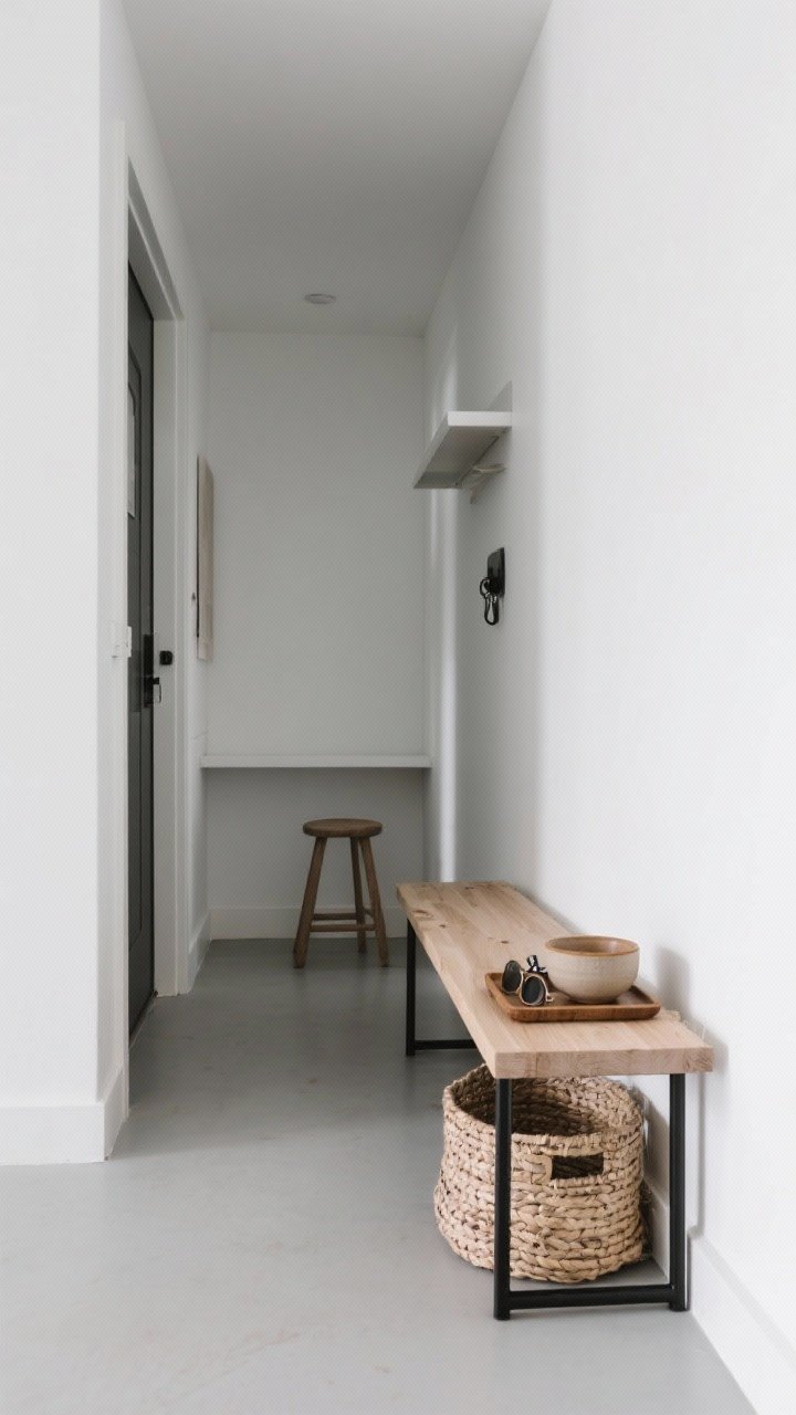 A medium shot of a narrow Scandinavian entry with a skinny light-oak bench on sleek black metal legs, open base showing a woven basket tucked underneath, a small tray and lidded bowl on top for keys and sunglasses; adjacent wall holds a minimal floating shelf paired with a simple stool for a tiny hallway solution, clean lines and airy negative space, photographed from a slight angle