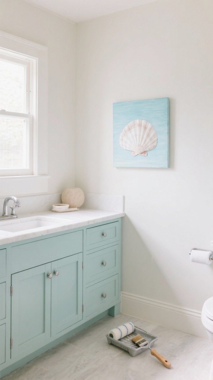 A medium, straight-on bathroom vignette focused on paint color harmony: warm white matte walls with a pale aqua painted vanity, crisp white trim, and chrome hardware. Include a simple white countertop, minimal accessories, and soft natural daylight filtering in for a calm, diffused look. Subtle seashell-inspired palette with soft whites, sandy beige accents, and pale sky blue art leaning on the wall; show a quality roller tray with a paintbrush on the floor to hint at a weekend refresh.