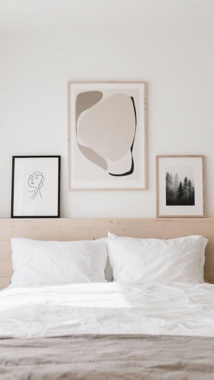 A medium, straight-on composition of a calm Scandinavian art arrangement above a bed: one oversized neutral-toned abstract print centered over the headboard, flanked on a pale wood ledge by two smaller frames with a black-and-white line drawing and a misty forest photograph; frames in matte black and light wood for subtle contrast; restrained palette of warm white, beige, charcoal, and a single muted accent tone; soft natural light, negative wall space preserved for a restful feel.