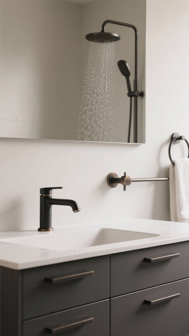 A medium, straight-on vanity scene focused on simple, matte fixtures: a sleek single-handle matte black (or brushed brass/brushed nickel) faucet centered on a minimalist vanity, matching matte cabinet pulls and a streamlined towel bar, with a simple rainfall showerhead visible in the background; cohesive metal finish throughout for a high-end look on a budget; neutral Scandi backdrop with soft, even lighting to accentuate clean lines.