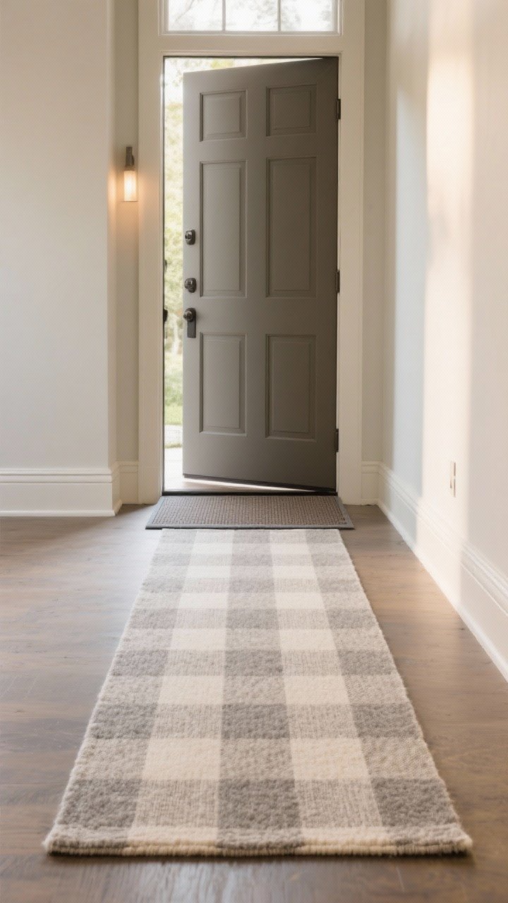 A straight-on medium shot of an entry door area featuring a soft, durable flatweave runner in a heathered beige/light gray micro-check pattern, sized generously to the door swing, layered over a trimmed non-slip pad (not visible), materials suggesting wool blend/indoor-outdoor durability; warm ambient light and clean baseboards complete the quiet, welcoming feel